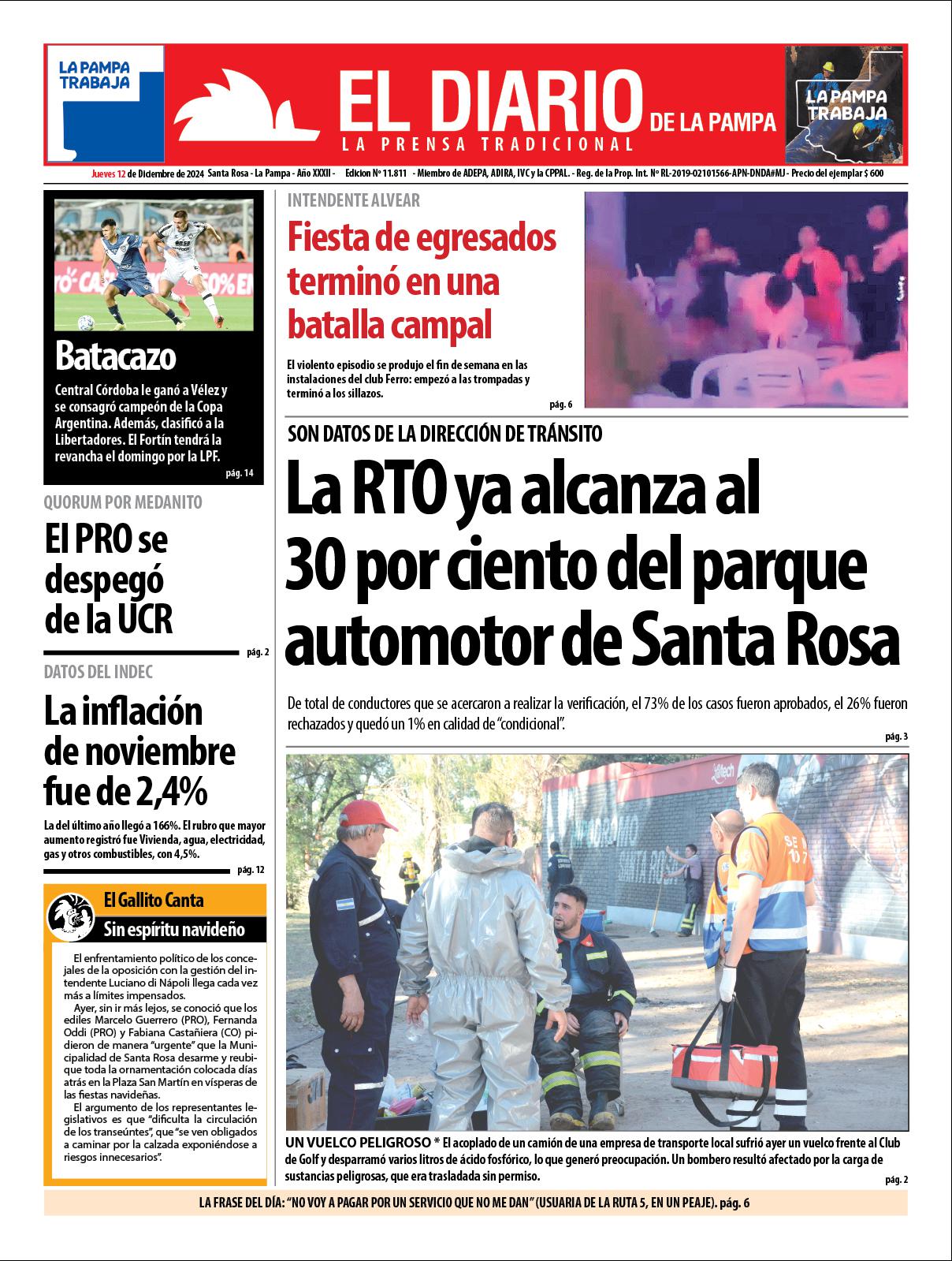 Tapa de El Diario en papel  jueves 12 de diciembre de 2024